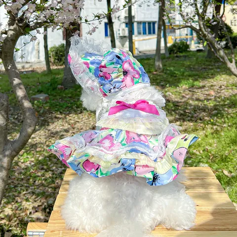 Pastoral Floral Polyester Pet Dress With Lace Ruffles And Satin Bow Cute Princess Dog Summer Clothes With Matching Sun Hat