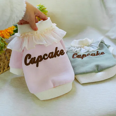 Pet Dog Cat Hoodie Cupcake Embroidery Ruffle Lace Collar D-Ring Spring Autumn Puppy Clothing Small Medium Dog Sweaters
