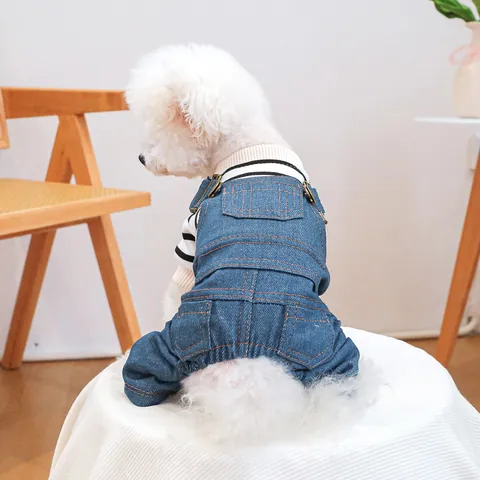 Pet Dog Cat Striped T-Shirt Denim Overalls Jumpsuit Two Parts Design With Adjustable Metal Buckles Soft Casual Apparel For Small Medium Dogs