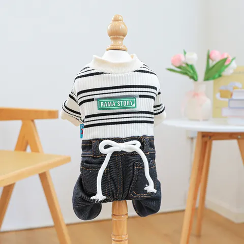 Pet Striped Denim Jumpsuit Dog Cat Four-Legged Romper Stretch Pajamas Soft Cotton Patchwork Puppy Kitten Casual Apparel