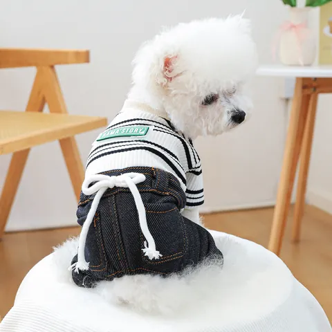Pet Striped Denim Jumpsuit Dog Cat Four-Legged Romper Stretch Pajamas Soft Cotton Patchwork Puppy Kitten Casual Apparel