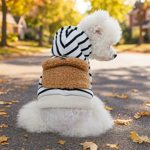 Haustier Gestreifter Hoodie Warmer Winter Hund Sweatshirt Mit Lammwolle Tasche Katzenkleidung Für Kleine Hunde Welpen Pullover