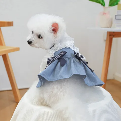 Sweet Pet Denim Skirt With White Lace Trim And Striped Bows For Small Dogs Cats Princess Style Puppy Dress With D-Ring