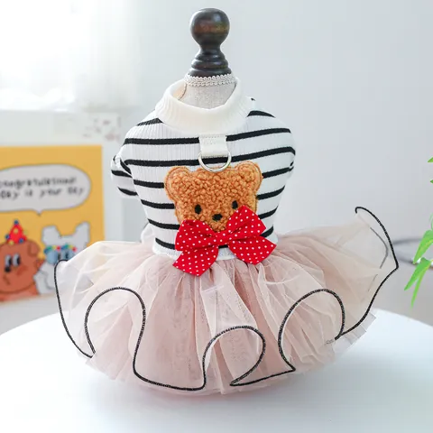 Vestito da Principessa per Cani e Gatti a Strisce con Patch Orsetto Gonna in Tutù di Tulle con Anello a D in Metallo per Animali Domestici
