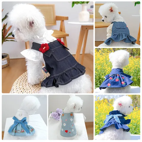 Süßes Haustier Denim Kleid Blumen Erdbeere Stickerei Schleife Dekor Weiche Baumwollmischung Bekleidung Für Kleine Mittlere Hunde Katzen Welpen Kleid