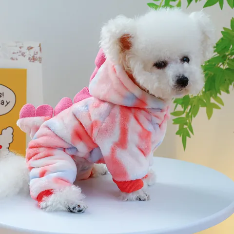 Weicher Flanell Haustier Dinosaurier Kostüm Batik Hunde Overall Warmer Fleece Welpen Jumpsuit Mit Kapuze Winter Haustierkleidung Für Kleine Hunde Katzen