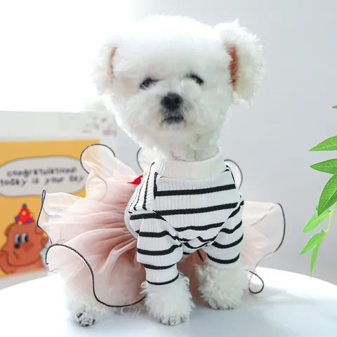 Vestito da Principessa per Cani e Gatti a Strisce con Patch Orsetto Gonna in Tutù di Tulle con Anello a D in Metallo per Animali Domestici