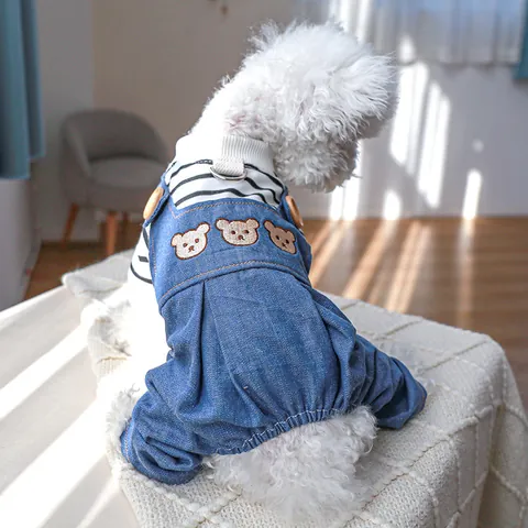Cute Bear Embroidery Pet Denim Overalls Striped Long Sleeve Jumpsuit For Small Dogs Cats Comfort Cotton Blend Dog Clothes With Metal D-Ring