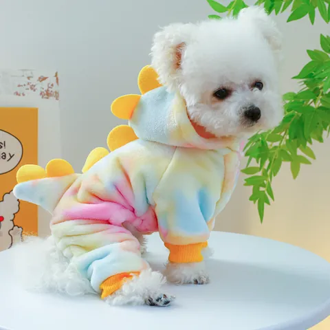 Weicher Flanell Haustier Dinosaurier Kostüm Batik Hunde Overall Warmer Fleece Welpen Jumpsuit Mit Kapuze Winter Haustierkleidung Für Kleine Hunde Katzen