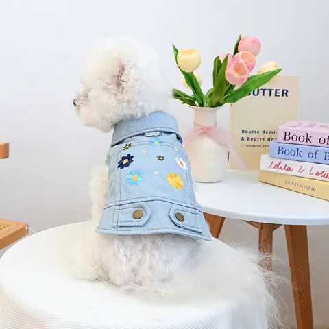 Pet Dog Cat Denim Vest Sun Daisy Embroidery Jean Jacket With D-Ring Leash Attachment For Small Medium Puppies Kitties Clothes