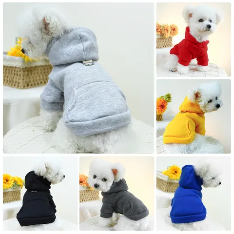 Pet Dog Cat Solid Color Hooded Sweatshirt With Pocket Soft Polyester Knitted Hoodie With D-Ring For Dogs Warm Puppy Clothes