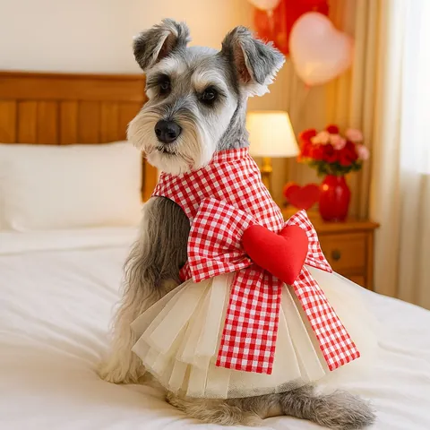 Plaid Heart Bow Pet Princess Dress Tulle Tutu Dog Cat Clothes For Valentine Day Puppy Kitten Party Apparel Sweet Outfit