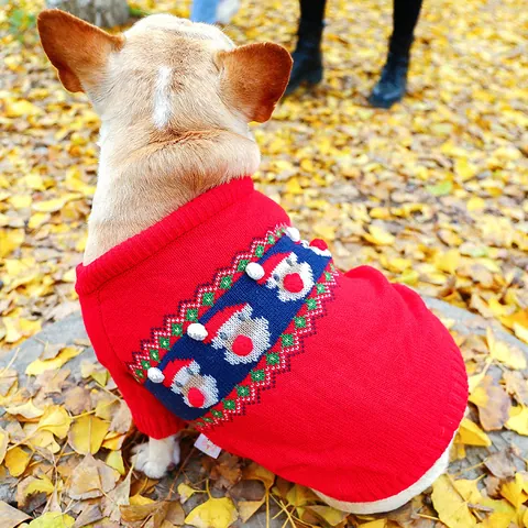 Christmas Pet Dog Sweater Knitted Warm Polyester Red Santa Claus Reindeer Pattern Beige Pom Pom Decorative Outfit For French Bulldog