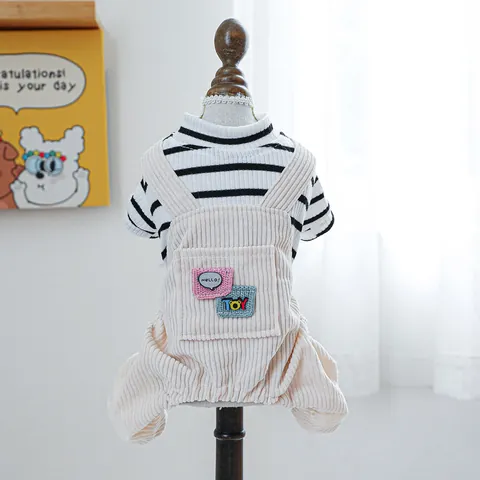 Combinaison Salopette Décontractée pour Chien Ensemble T-Shirt Rayé Vêtements en Velours Côtelé Denim pour Petits Chiens Chats