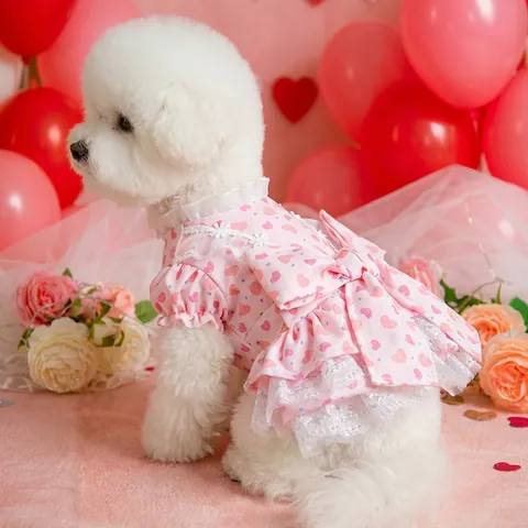 Pet Dog Cat Princess Dress Floral Heart Pattern Lace Ruffles Bowknot Summer Clothing Small Dog Puppy Kitten Dresses With Leash Attachment