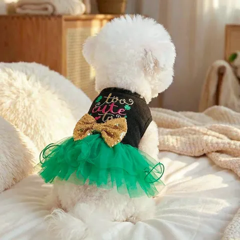 Cute Pet Tutu Dress Dog Cat Puppy Skirt With Sequin Bow And Clover Embroidery For Small Animals Festive Apparel Vest