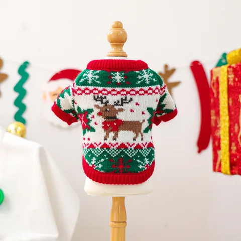 Christmas Pet Sweater Reindeer Snowflake Pattern Knitted Dog Cat Warm Pullover Festive Winter Outfit Holiday Apparel