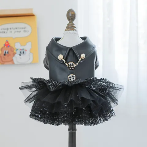 Vestido de Lujo Negro para Perro Mascota Cuero PU Falda Tutu de Malla con Lentejuelas Cadena de Oro Ropa para Fiesta Cumpleaños
