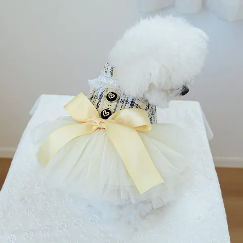 Elegante Ruitjes Huisdier Jurk Voor Honden Katten Prinses Trouwjurk Met Strik Kant Tule Tweed Hondenkleding Luxe Feest Outfit