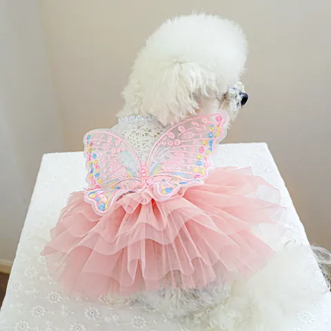 Cute Pet Princess Dress Lace Tutu Skirt With Butterfly Embroidery Sequins Artificial Pearls For Small Medium Dogs Cats Party Wedding Outfit