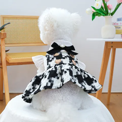 Petcircle Elegant Tweed Pet Dress For Small Dogs Cats Plaid Princess Skirt With Bowknot Artificial Pearl Button Puppy Kitten Wedding Party Clothes