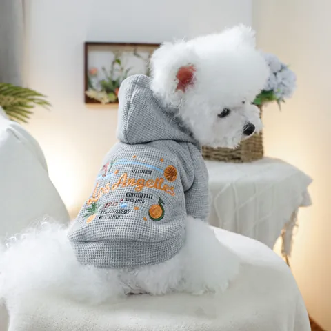 Pet Dog Cat Waffle Knit Hoodie With D-Ring Los Angeles Embroidery Grey Tropical Fruit Pattern Sweatshirt For Small Animals