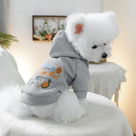 Pet Dog Cat Waffle Knit Hoodie With D-Ring Los Angeles Embroidery Grey Tropical Fruit Pattern Sweatshirt For Small Animals