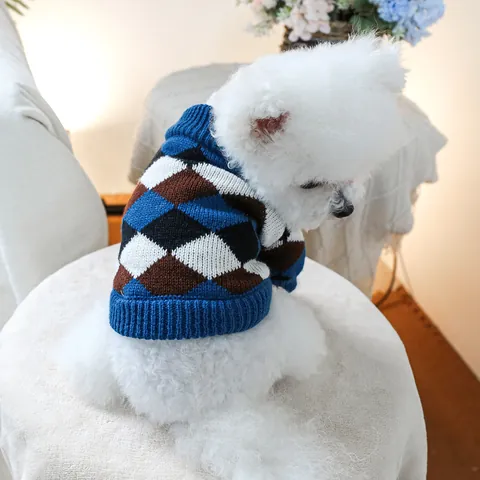 Argyle Pattern Knitted Pet Sweater Warm Soft Polyester Dog Clothes For Small Medium Dogs And Cats Autumn Winter Apparel