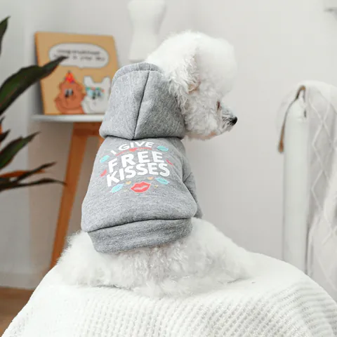 Pet Dog Cat Hoodie I Give Free Kisses Printed Fleece Lined Sweatshirt Heather Grey Casual Warm Clothes Small Dogs Cats