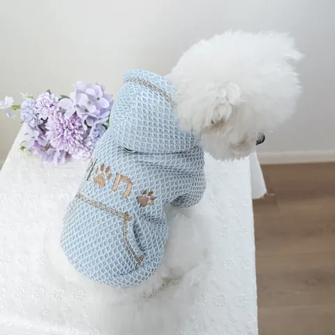 Warm Fleece Lined Pet Hoodie Waffle Knit Thickened Sweatshirt With D-Ring Leash Hole Embroidery Casual Puppy Clothing