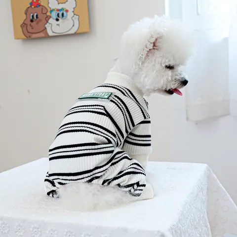 Striped Cartoon Pet Jumpsuit Comfortable Ribbed Knit Dog Romper Four-Legged Pajamas For Small Dogs Cats Puppy Home Apparel