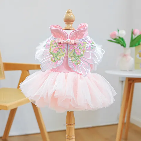 Haustier Chinesischer Stil Stickerei Prinzessinnenkleid Rosa Satin Tulle Mesh Welpen Katze Neujahr Hochzeitsfeier Rock Bekleidung