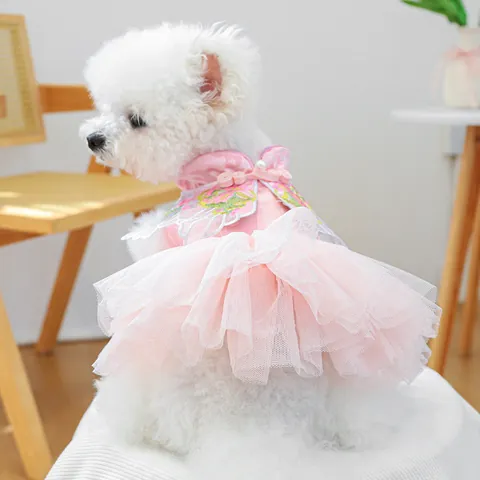 Haustier Chinesischer Stil Stickerei Prinzessinnenkleid Rosa Satin Tulle Mesh Welpen Katze Neujahr Hochzeitsfeier Rock Bekleidung