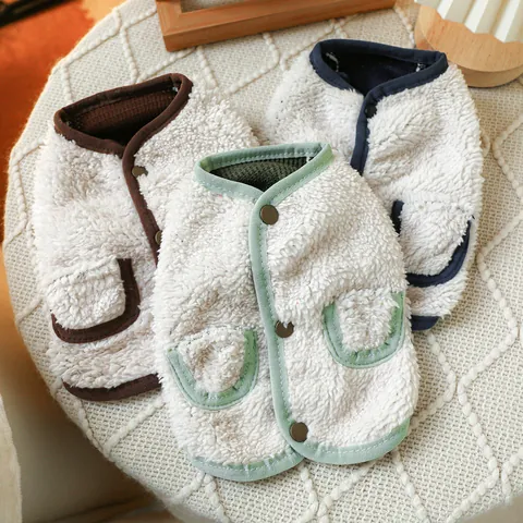 Pet Warm Lamb Wool Fleece Vest For Small Dogs Cats Thickened Winter Dog Clothes With Buttons Contrast Color Decorative Pockets