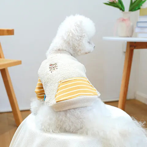 Calda Felpa con Cappuccio per Cani in Pile di Lana di Agnello Con Maniche a Righe Gialle Ricamo Orso Cartone Animato Natale Cani Gatti di Piccola Media Taglia Vestiti Invernali