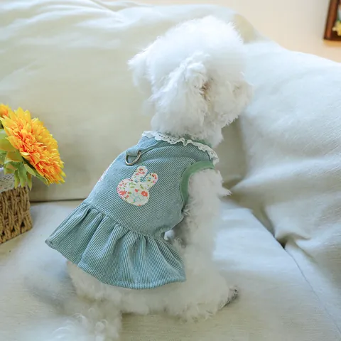 Haustierkleid Für Kleine Hunde Katzen Cord Mesh Hasen-Patch Geschirrock Mit D-Ring Spitzenbesatz Schleife Prinzessin Welpenkleidung