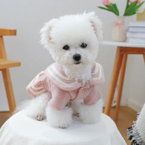 Vestido para Mascotas Estilo Marinero para Perros Pequeños Gatos Otoño Invierno Cálido Poliéster Aspecto Lana Abrigo Rosa Azul