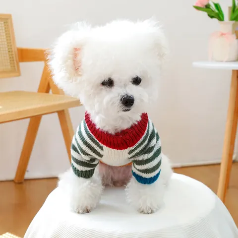 Colorful Retro Striped Pet Knitted Sweater For Dogs Cats Soft Warm Ribbed High Neck Puppy Winter Clothes Small Medium Pet Apparel