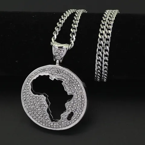 Hip Hop Afrika Karte Runder Anhänger Halskette Für Herren Damen Iced Out Strass Zinklegierung Karte Anhänger Mit Edelstahl Panzerkette Gold Silber Schmuck