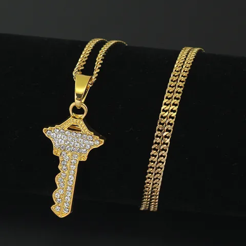 Collier Pendentif Clé en Strass Glacé Avec Chaîne Cuban Link en Acier Inoxydable Plaque Or Bijoux Hip Hop Unisexe