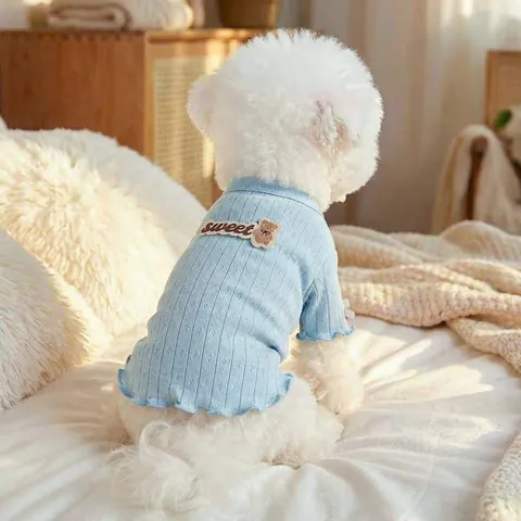 Sweet Teddy Bear Embroidered Pet Knit T-Shirt Ruffle Edge Soft Breathable Dog Cat Clothing For Small Dogs Puppies Spring Autumn Outfits