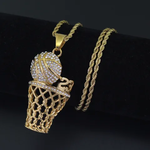 Collar con Colgante de Canasta de Baloncesto de Acero Inoxidable con Strass Número 23 Joyería Deportiva Hip Hop para Hombre