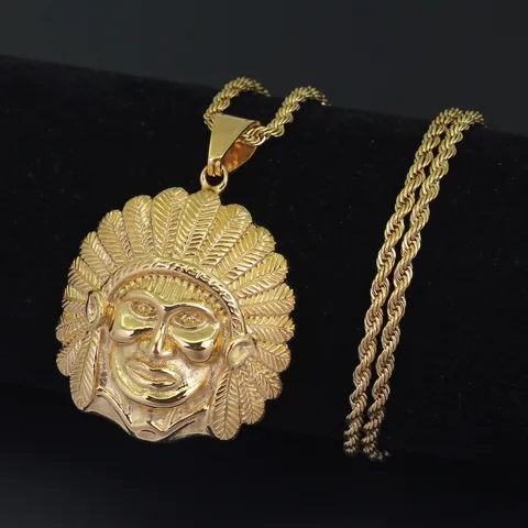 Hip Hop Punk Indian Chief Warrior Pendant Necklace For Men Vintage Gold Stainless Steel Rope Chain Ethnic Jewelry Gift