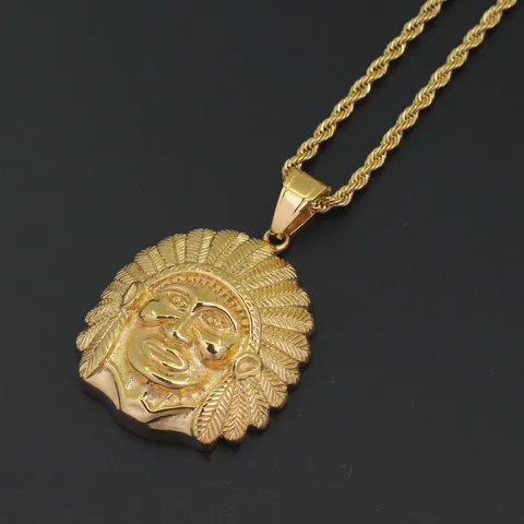 Hip Hop Punk Indian Chief Warrior Pendant Necklace For Men Vintage Gold Stainless Steel Rope Chain Ethnic Jewelry Gift
