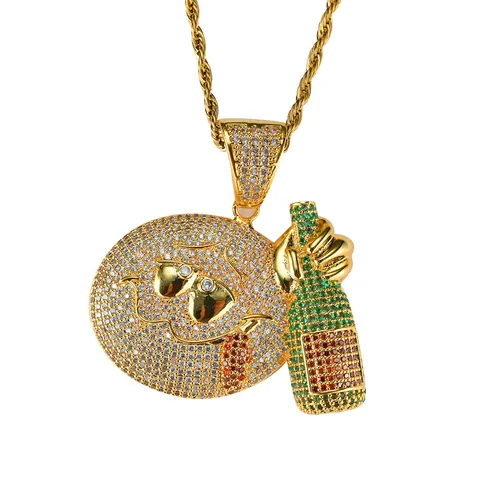 Collana con Ciondolo Emoji Ubriaco Iced Out Zirconia Hip Hop per Uomo Donna Rame Placcato Oro Occhiali da Sole Smiley con Bottiglia di Vino Gioielli Streetwear