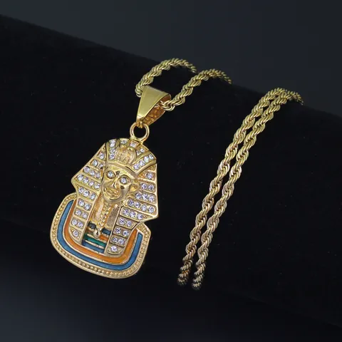 Hip Hop Egyptian Pharaoh Mask Pendant Necklace Stainless Steel Rope Chain Iced Out Rhinestone Enamel Jewelry For Men Vintage Streetwear Gold Silver