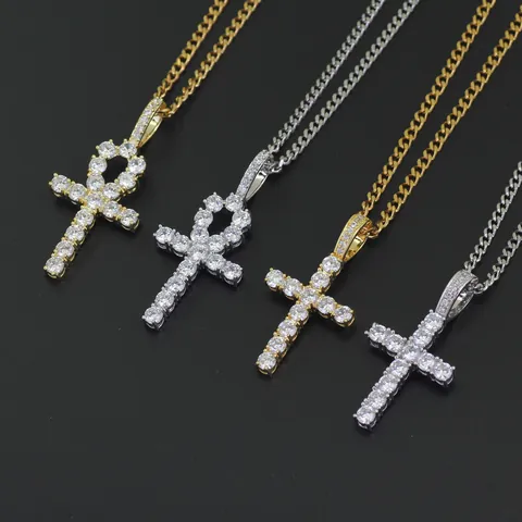 Hip Hop Ankh Cross Pendant Necklace Micro Pave Zircon Copper Gold Plated Stainless Steel Cuban Chain Religious Jewelry Men Gift
