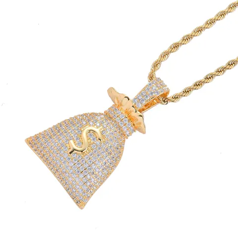Hip Hop Money Bag Dollar Sign Pendant Necklace With Micro Pave Zirconia Gold Plated Copper Pendant And Stainless Steel Rope Chain Jewelry