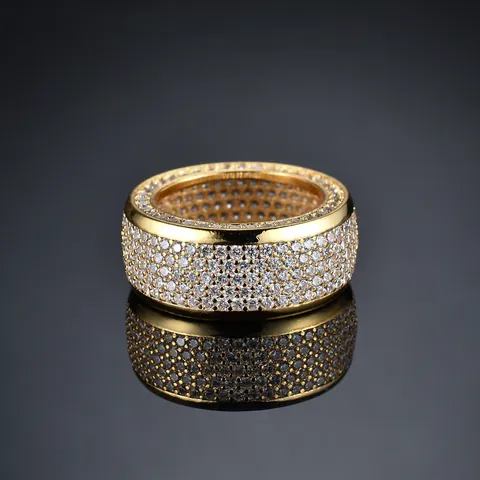 Anello in Rame Largo da Uomo Hiphop Con Pavé di Zirconia AAA Placcato Oro Argento Gioielli di Lusso per Dita