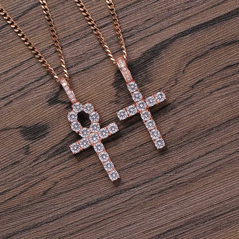 Hip Hop Ankh Cross Pendant Necklace Micro Pave Zircon Copper Gold Plated Stainless Steel Cuban Chain Religious Jewelry Men Gift